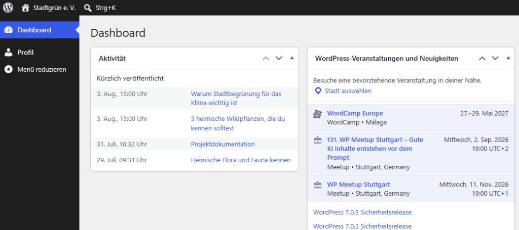 Backend-Ansicht des Dashboards und der Funktionen als Abonnent