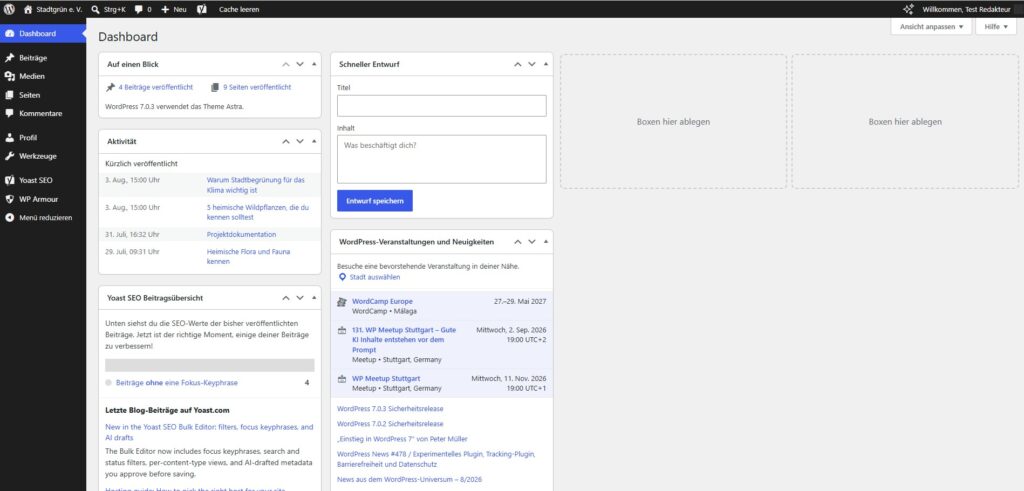 Backend-Ansicht des Dashboards und der Funktionen als Redakteur