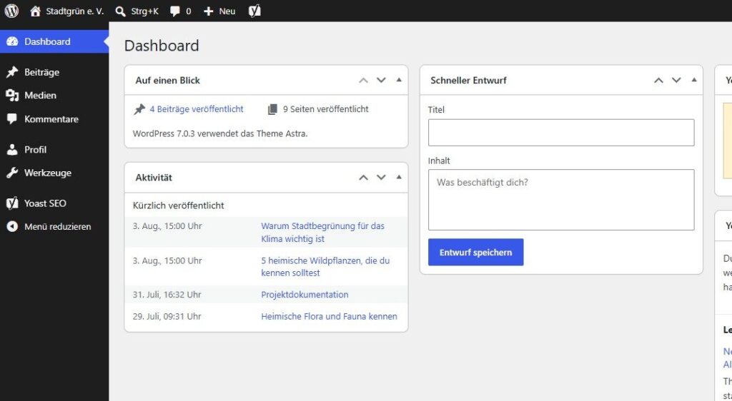 Backend-Ansicht des Dashboards und Funktionen als Autor