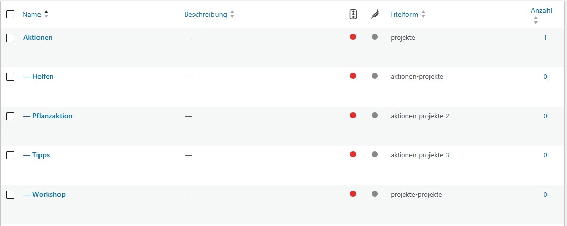 Ansicht Kategorie Aktionen mit Unterkategorien Helfen, Pflanzaktion, Tipps und Workshop