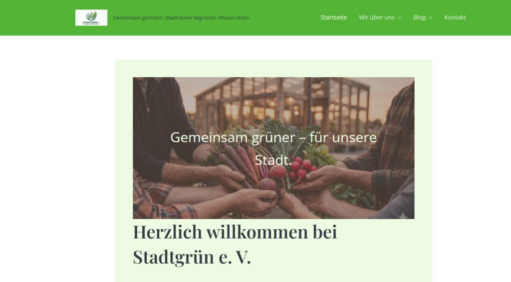Startseite Stadtgrün e. V. mit Logo, Foto und Menü