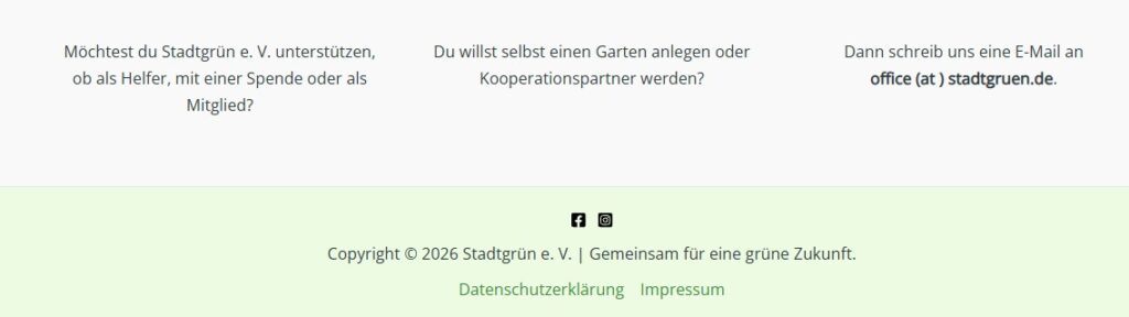 Stadtgrün-Footer mit fünf Widgets - drei individuellen, Copyright, Footermenü und Social-Icons