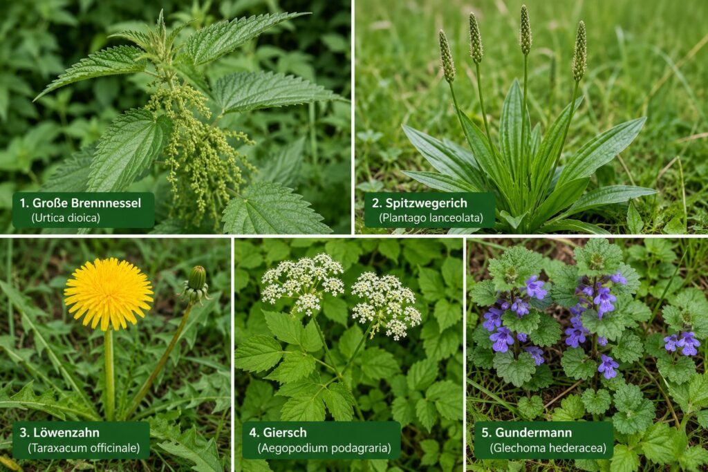 Fünf heimische Wildpflanzen: Brennnessel, Giersch, Löwenzahn, Gundermann und Spitzwegerich.